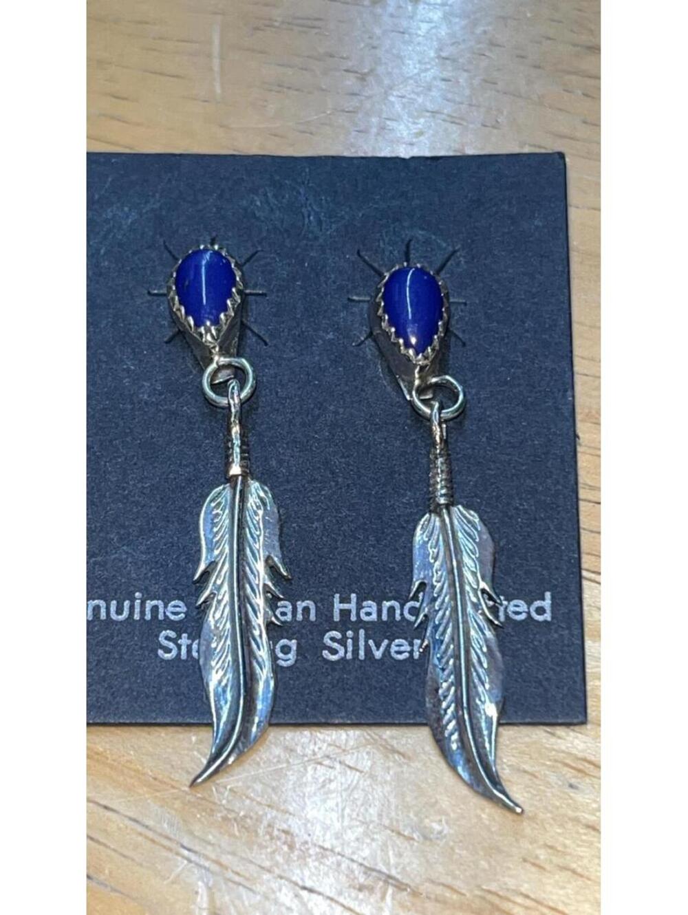 Native American Navajo handmade sterling silver lapis feather cluster earrings